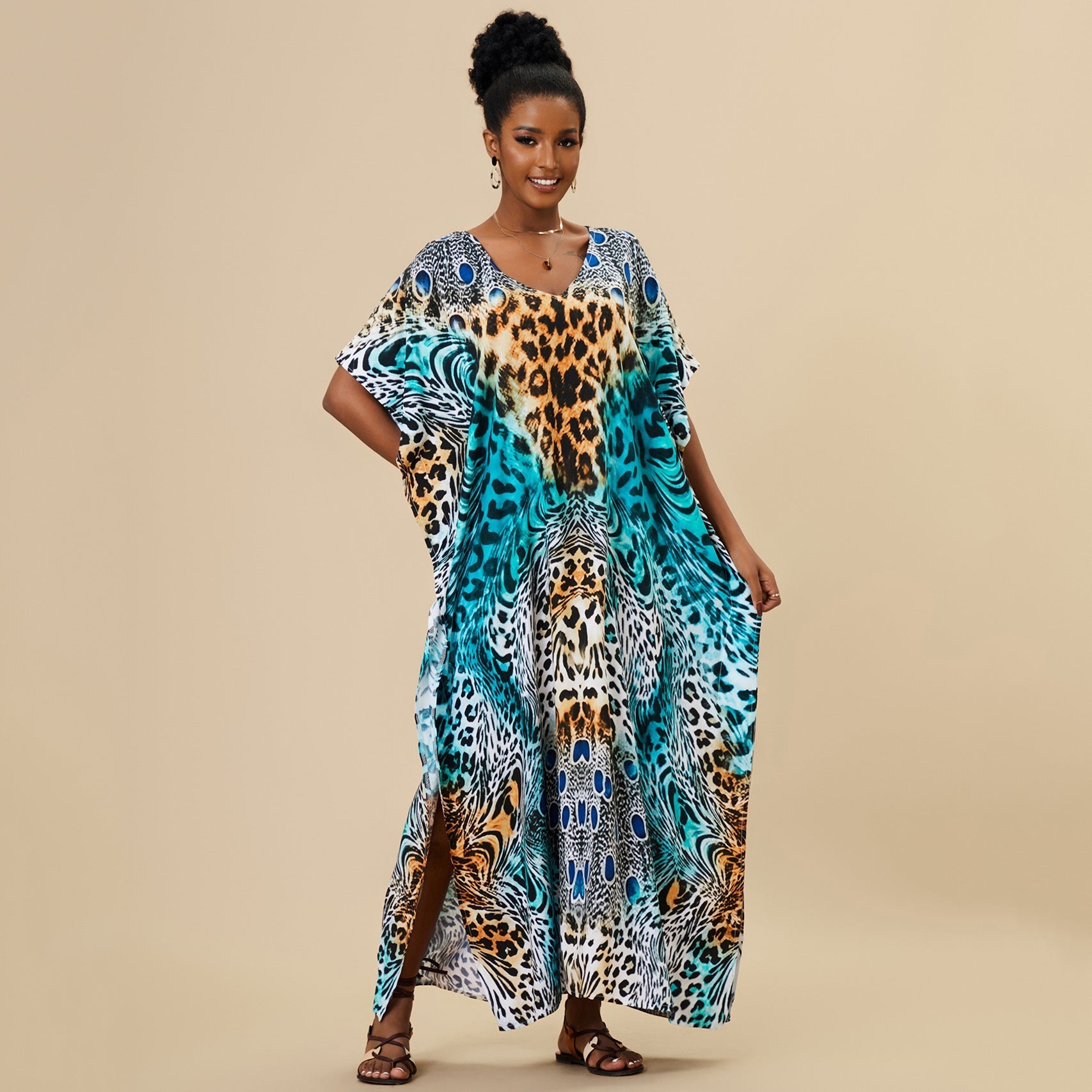 Loose Long Beach Cover Up Rayon Positioning Print Holiday Robe Dress Women Bella Mia